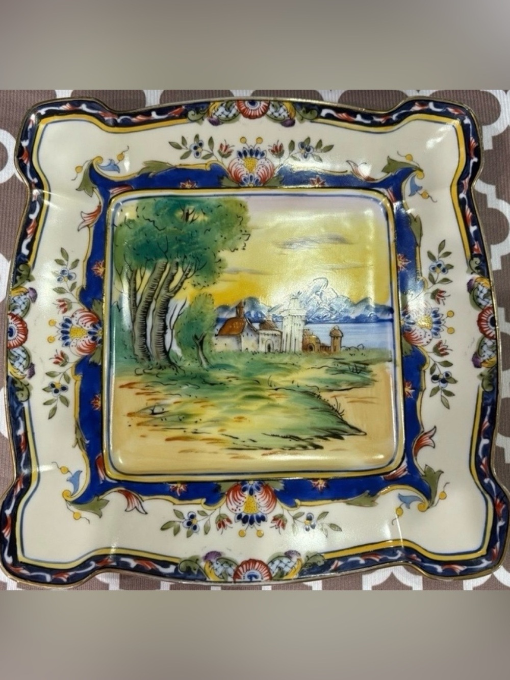 Vintage Noritake 9-inch square porcelain plate with hand-painted landscape scene